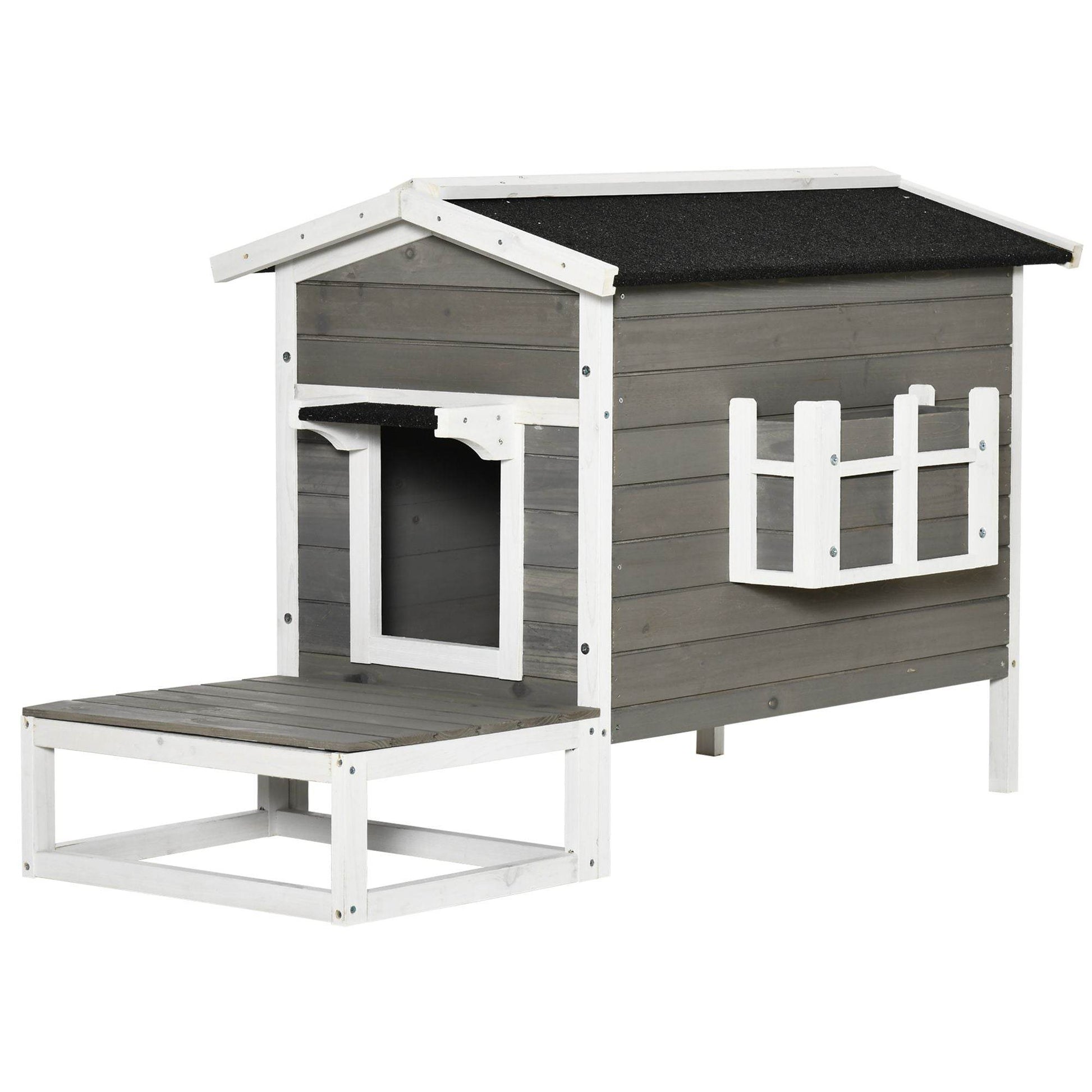 Weatherproof Outdoor Cat House with Porch & Escape Door - Feral Cat Shelter with Plant Stand | Dark Grey/White Wood Construction - Purrfect Pet Kingdom