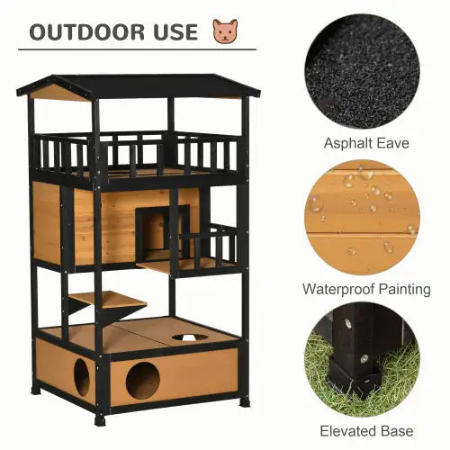 Rustic Wooden Cat Haven, Outdoor Kitten Playhouse - Ameraeon