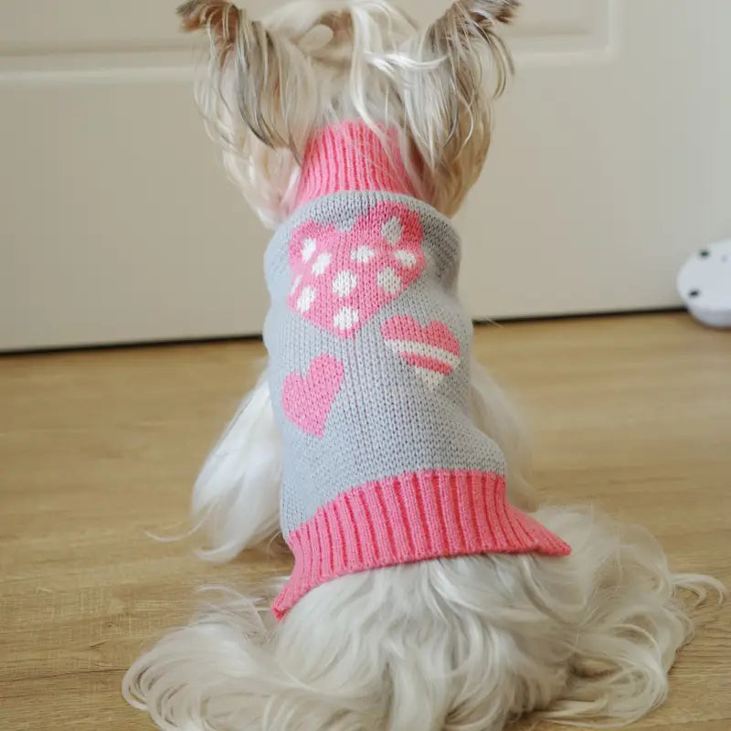 Adorable Triple Heart Patterned Pink & Grey Turtleneck Pet Sweater