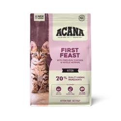 Acana First Feast High Protein Dry Kitten Food 4lb Bag by The Family Pet, featuring a vibrant bag design ideal for kittens.