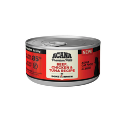 Acana grain free wet cat food can featuring beef, chicken, and tuna recipe for adult cats.