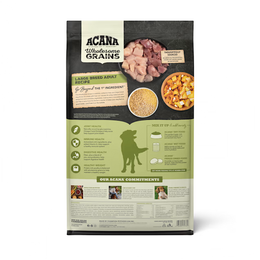 Acana wholesome grains large breed dog food bag featuring nutritious ingredients for healthy large dogs