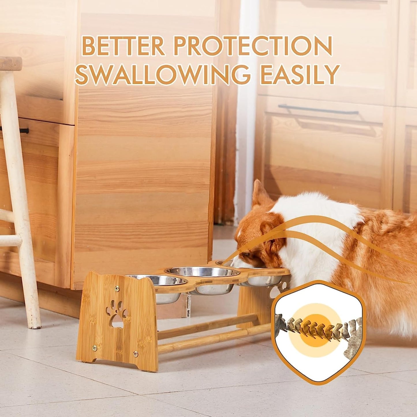 Adjustable bamboo pet feeding station with stainless steel bowls for comfortable pet dining