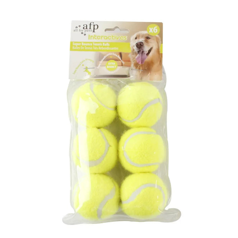 Set of six bright yellow tennis balls for use with an automatic dog ball launcher
