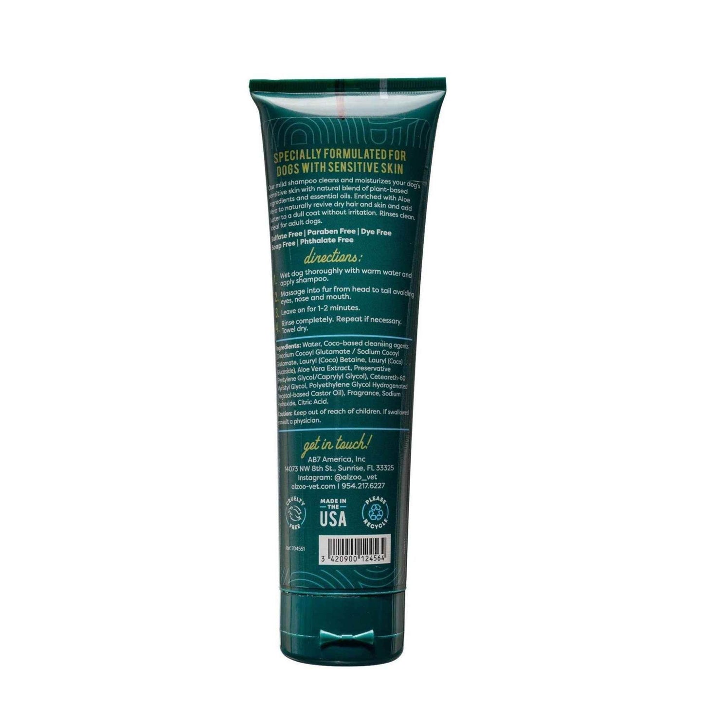 Back view of ALZOO dog shampoo aloe vera tube for dogs with sensitive skin by Purrfect Pet Kingdom