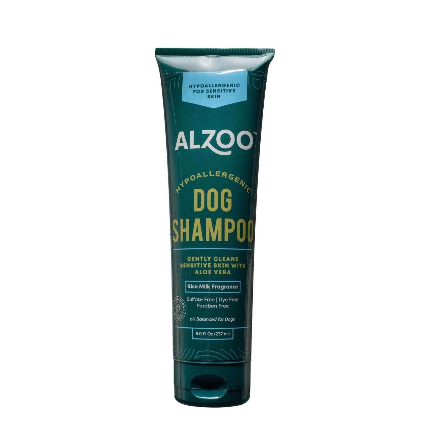 ALZOO dog shampoo aloe vera in a green tube for sensitive skin with rice milk fragrance