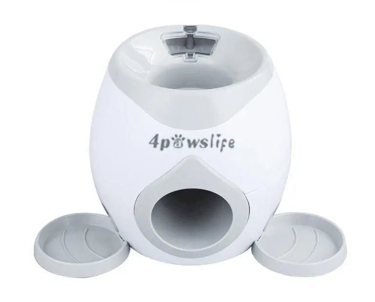 White automatic fetch machine for dogs by Purrfect Pet Kingdom with ball launcher and trays
