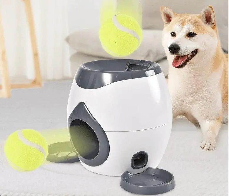 Purrfect Pet Kingdom automatic fetch machine for dogs with white and gray design launching tennis balls