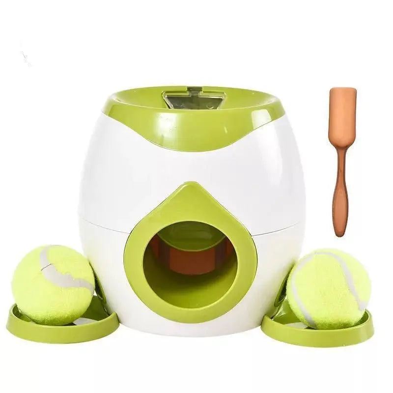 Purrfect Pet Kingdom automatic fetch machine for dogs with green and white design and tennis balls