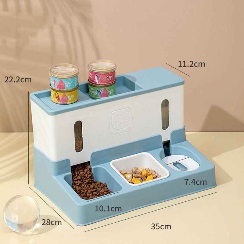 Purrfect Pet Kingdom Automatic Pet Feeder in white and blue with separate compartments for dry and wet food