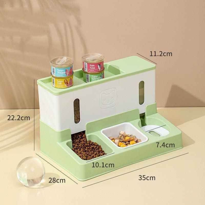 Purrfect Pet Kingdom automatic pet feeder in green and white with compartments for dry and wet food