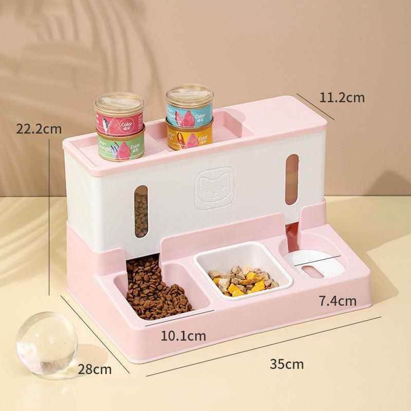 Purrfect Pet Kingdom Automatic Pet Feeder in pink and white with dual food compartments and storage
