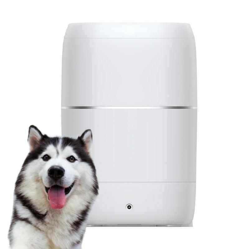 Purrfect Pet Kingdom white automatic pet food dispenser with husky dog in front