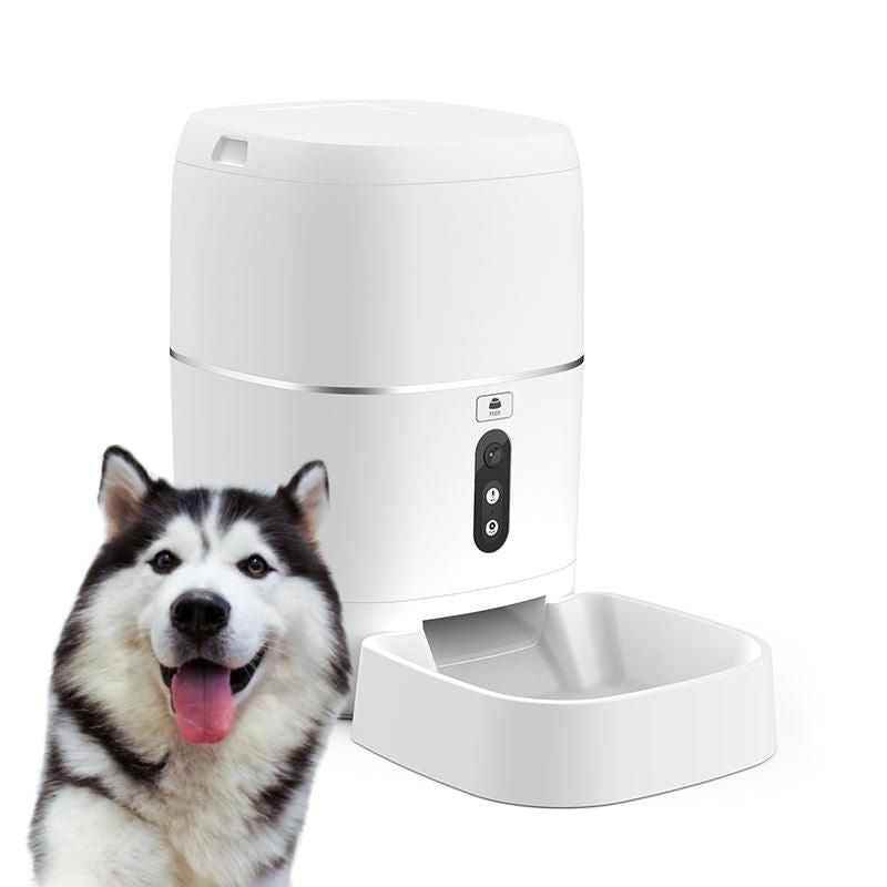 Purrfect Pet Kingdom automatic pet food dispenser in white with attached feeding bowl and happy husky dog
