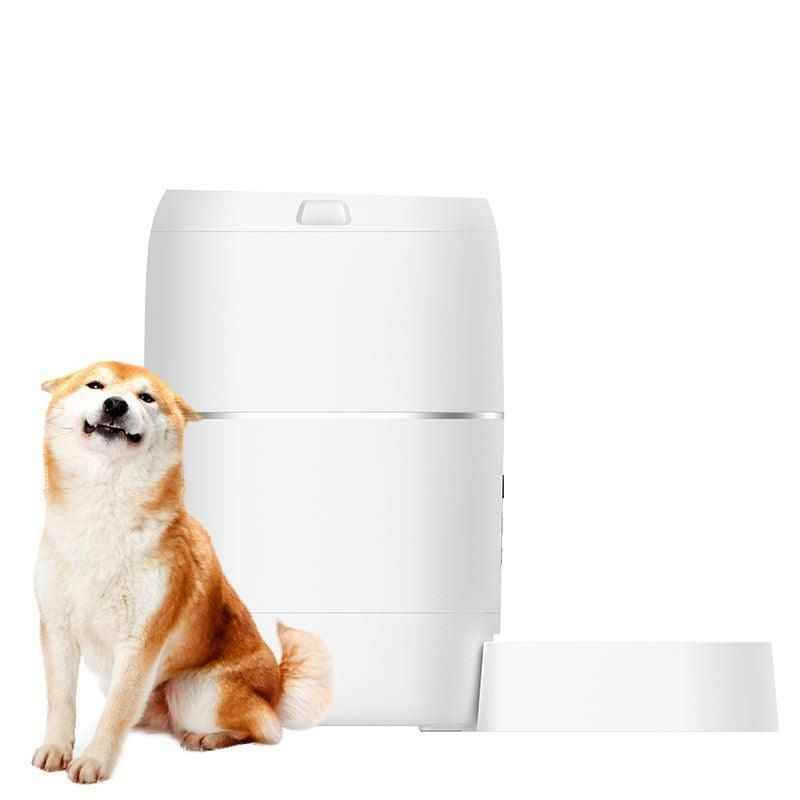 Purrfect Pet Kingdom automatic pet food dispenser with white design next to happy dog and food bowl