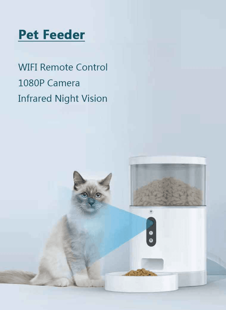 Purrfect Pet Kingdom automatic pet food dispenser with WiFi remote control and 1080P camera next to a cat