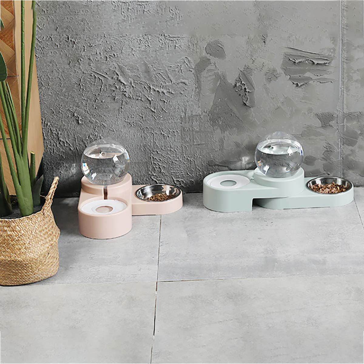 Purrfect Pet Kingdom automatic pet water fountain and feeder set in pastel pink and green on tiled floor