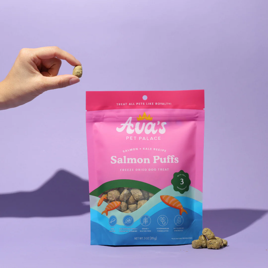 Ava's Pet Dog Treats featuring grain free salmon dog snacks in a colorful pink package