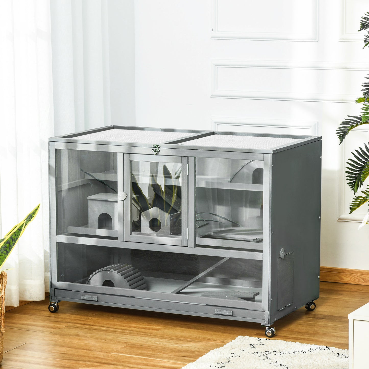 3-Tier Hamster Cage Hutch Box with Ladder Wheels for Small Animals