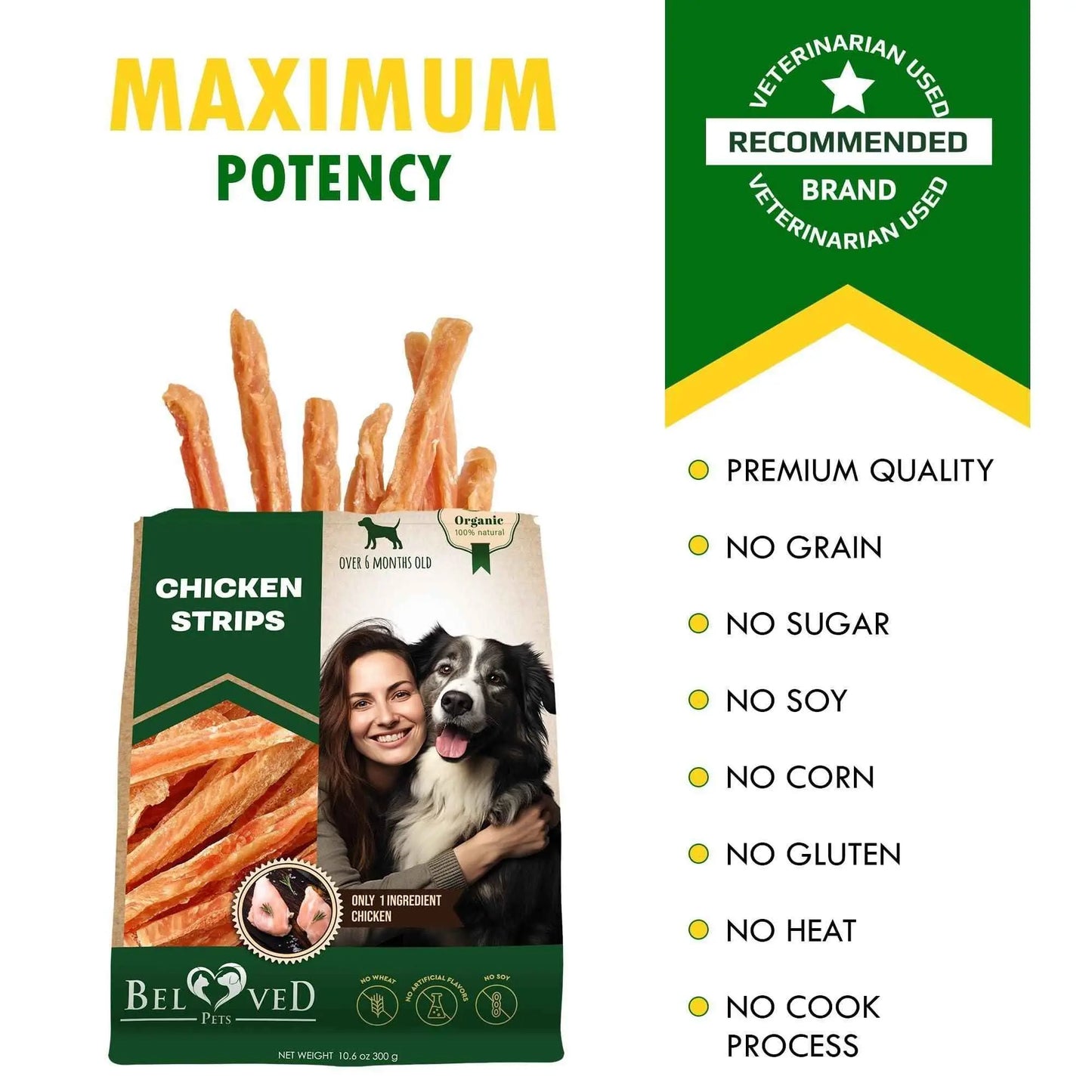 Purrfect Pet Kingdom organic chicken treats for dogs chicken strips bag with dog and owner image and product benefits listed