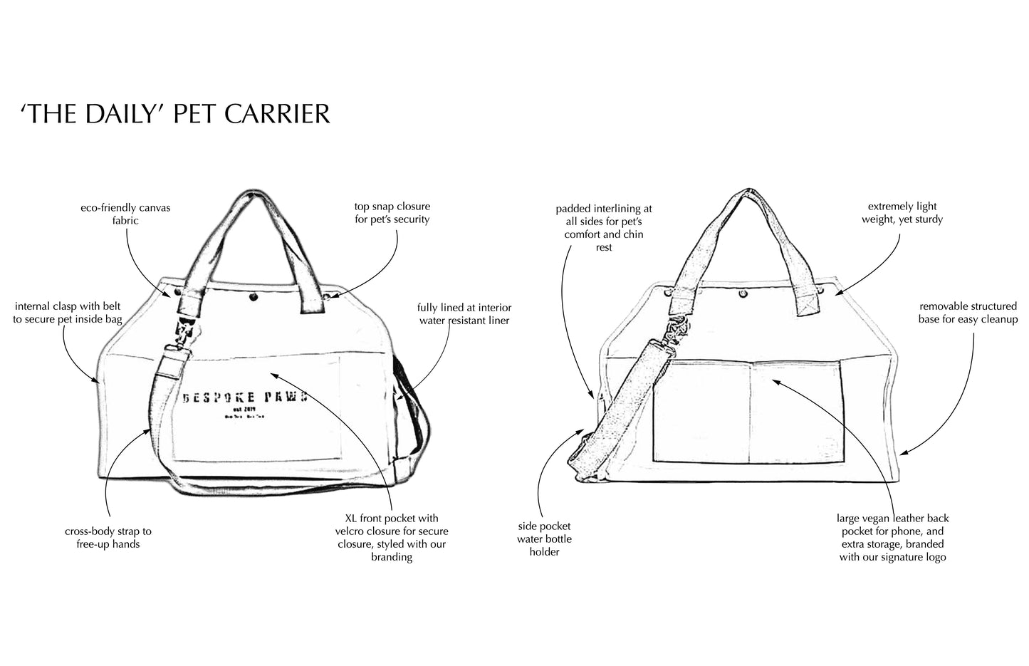BESPOKE PAWS portable dog and cat carrier in eco-friendly canvas with multiple pockets and secure straps