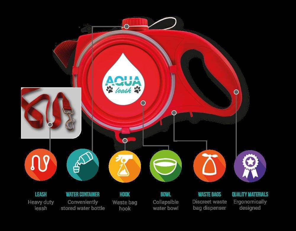 Red retractable dog leash with water container and waste bag dispenser by Purrfect Pet Kingdom best dog leash for active owners
