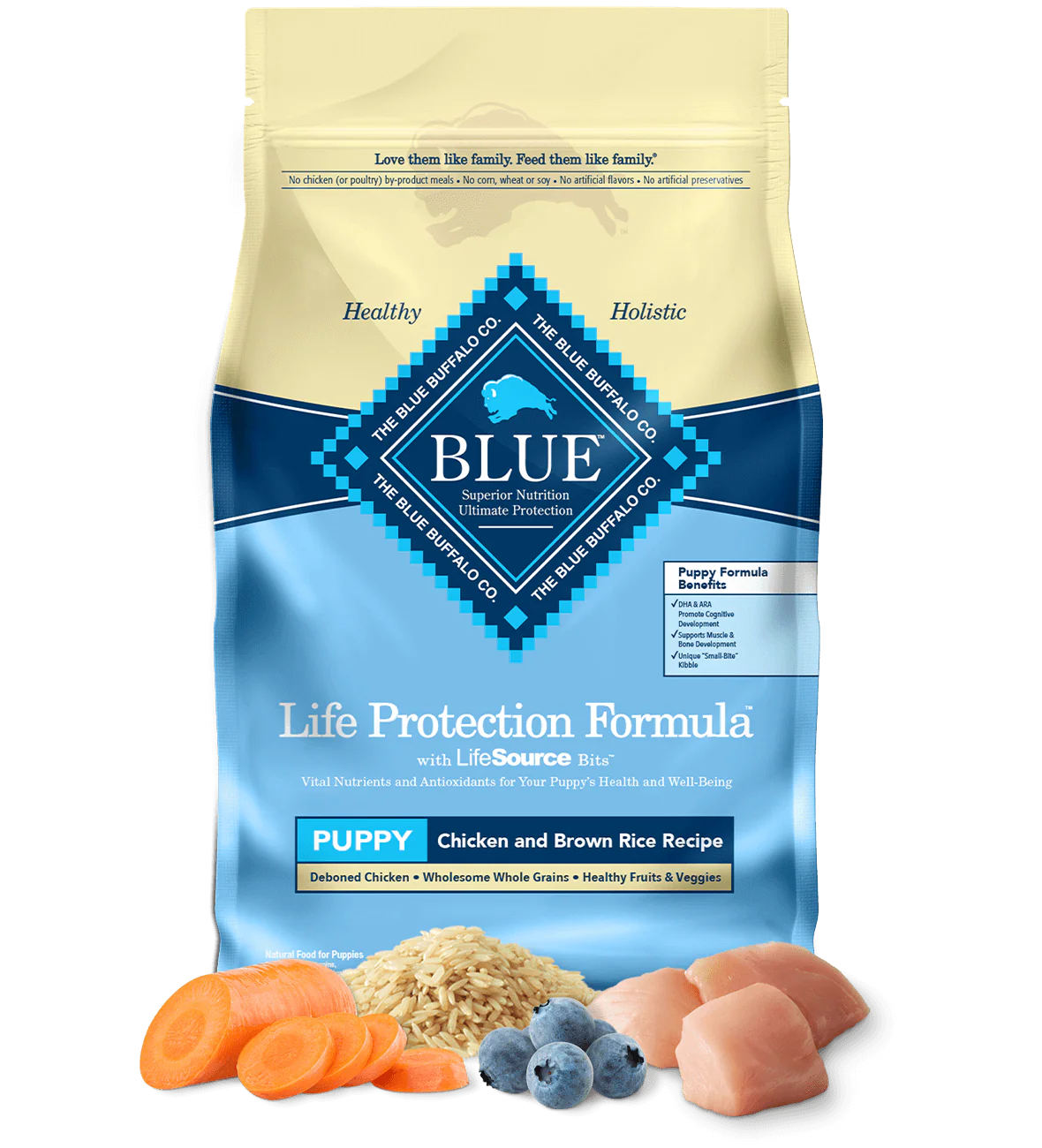 Blue Buffalo puppy food in a Blue Life Protection Formula bag with chicken and brown rice recipe