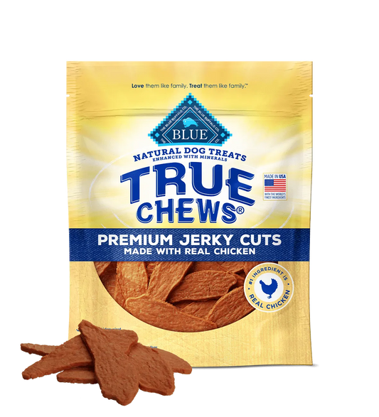 Blue Buffalo True Chews Jerky Cuts Chicken Dog Treats (12oz) by The Family Pet, featuring savory chicken in a blue packaging.