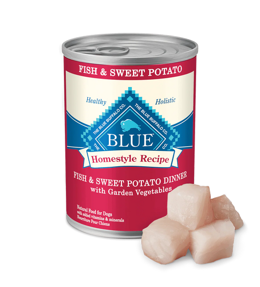 Blue Buffalo Adult Homestyle Fish & Sweet Potato with Garden Vegetables Wet Dog Cans (12.5oz) - Wet Dog Food - The Family Pet