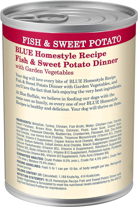 Blue Buffalo Adult Homestyle Fish & Sweet Potato with Garden Vegetables Wet Dog Cans (12.5oz) - Wet Dog Food - The Family Pet