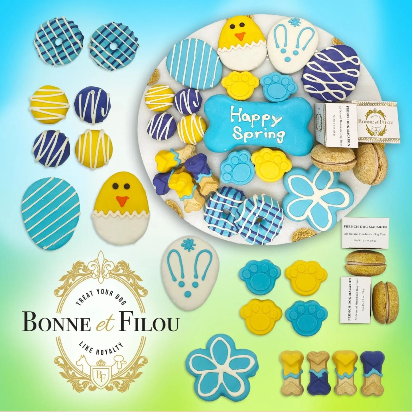 Purrfect Pet Kingdom luxury dog treats in spring-themed shapes including bones, flowers, eggs, and chicks