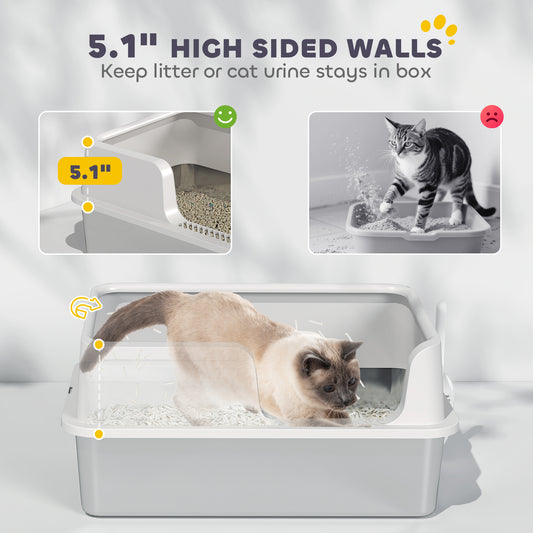 XL Stainless Steel Litter Box - High-Sided Pan with Scoop