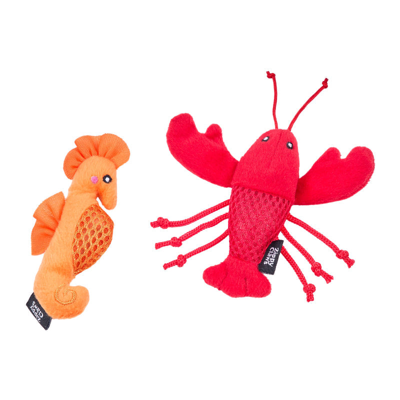 Seahorse and Lobster Mesh Mates Plush Cat Toy Set - 2 Pack