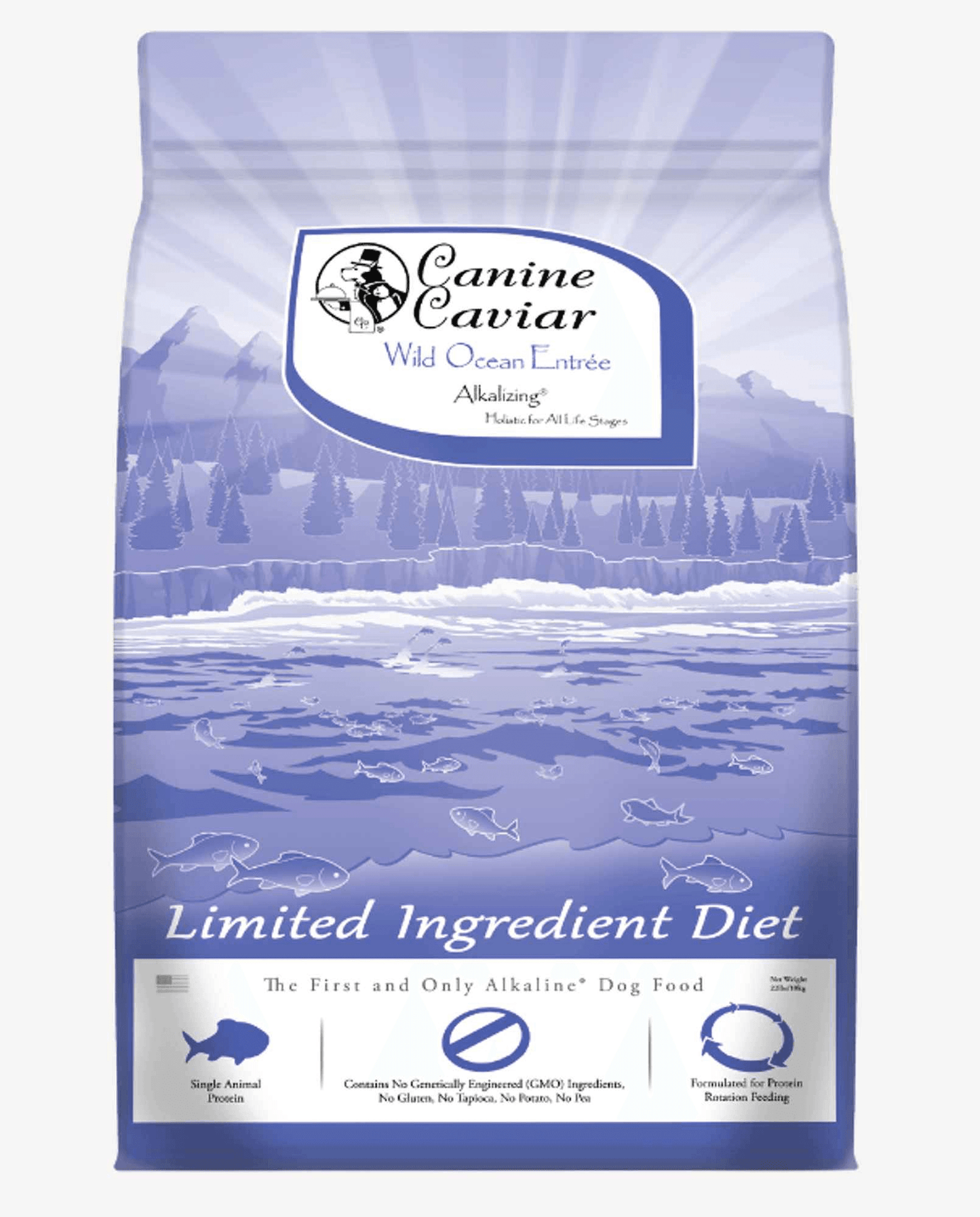 Canine Crown Delights grain-free fish dog food in limited ingredient diet packaging by Purrfect Pet Kingdom