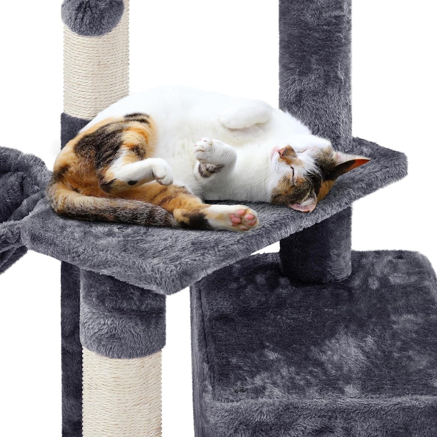 Cozy MJ's Pet Closet cat condo with a sleeping cat on a plush perch and scratching posts