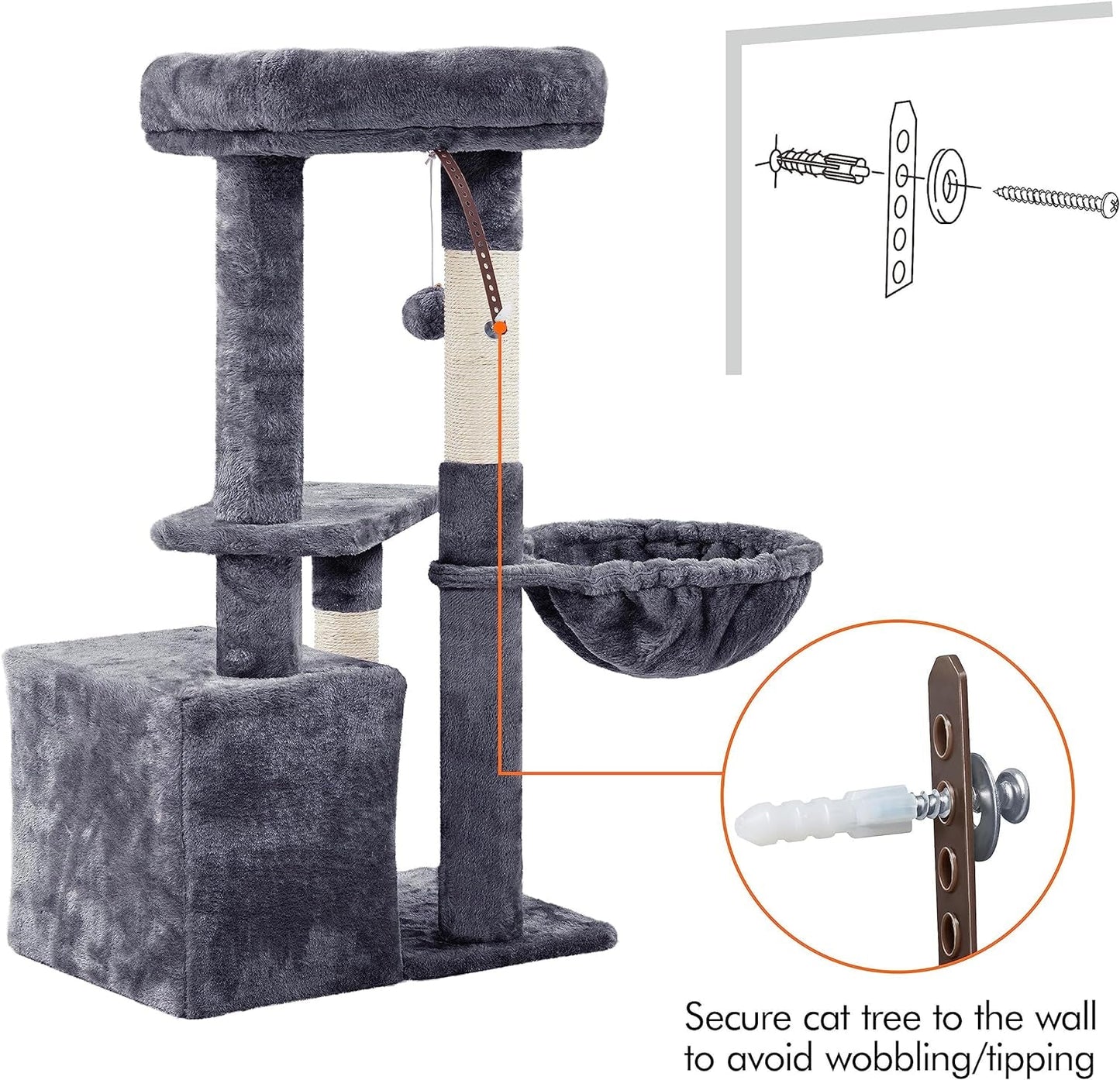 MJ's Pet Closet Gray Cat Condo with multiple levels and hanging toys for playful cats
