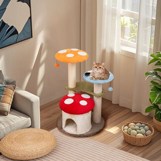 Tail Chasers cat condo with scratching post featuring colorful mushroom design and cozy lounging areas