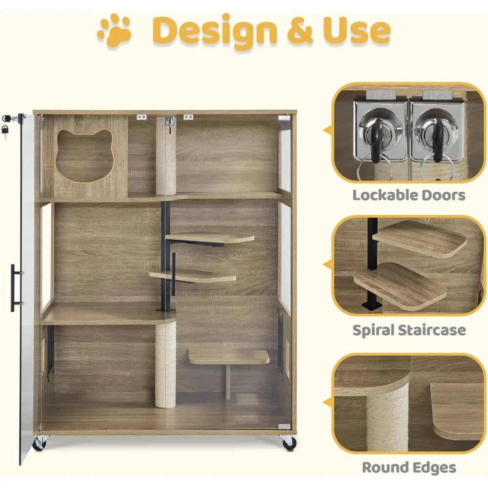 Tail Chasers cat condo with scratching posts and shelves features lockable doors and a spiral staircase