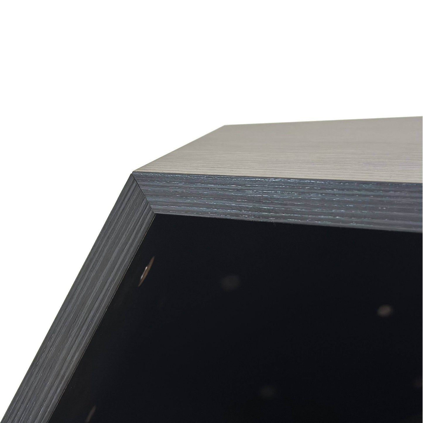 Close-up of gray wooden cozy cat bed corner from Purrfect Pet Kingdom cat furniture for living room