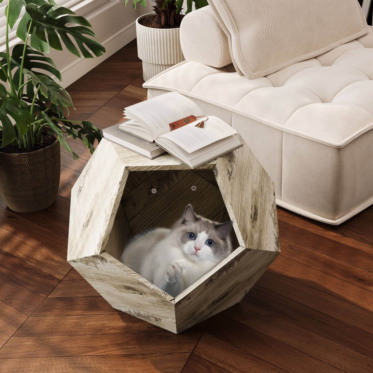 Cozy cat bed from Purrfect Pet Kingdom in geometric wood design, ideal cat furniture for living room