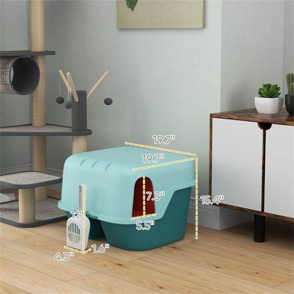 Purrfect Pet Kingdom teal cat litter box with privacy lid shown with measurements in modern room