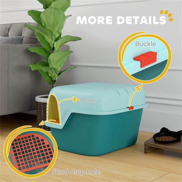 Purrfect Pet Kingdom cat litter box with privacy lid featuring door, buckle, and sand drop hole