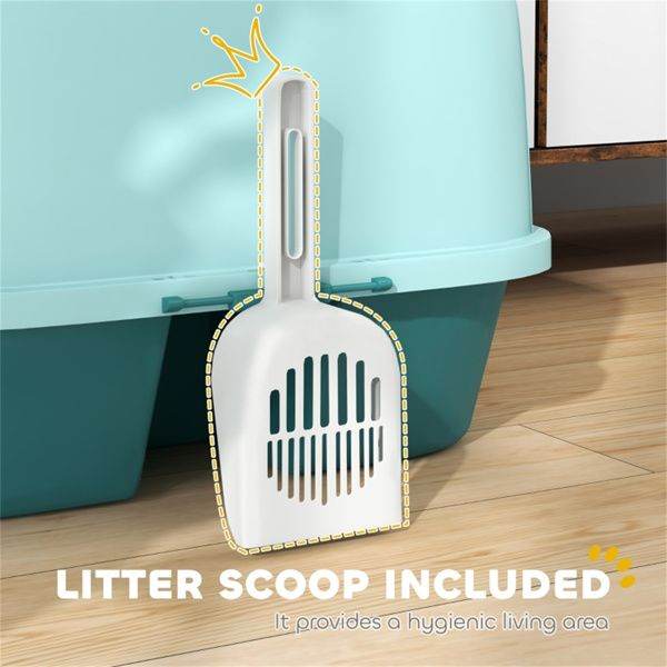 Purrfect Pet Kingdom cat litter box with privacy lid in teal and white scoop on wooden floor