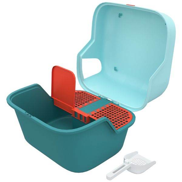 Purrfect Pet Kingdom cat litter box with privacy lid in teal and light blue with red sifting grate and white scooper