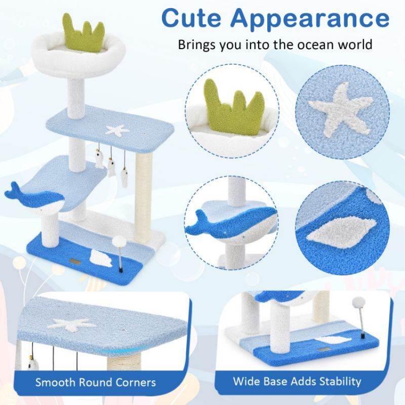 Purrfect Pet Kingdom cat tower with scratching posts in ocean theme with blue platforms and hanging toys