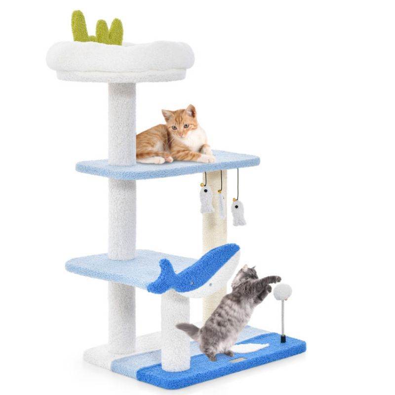 Purrfect Pet Kingdom cat tower with scratching posts in blue and white with multiple levels and hanging toys