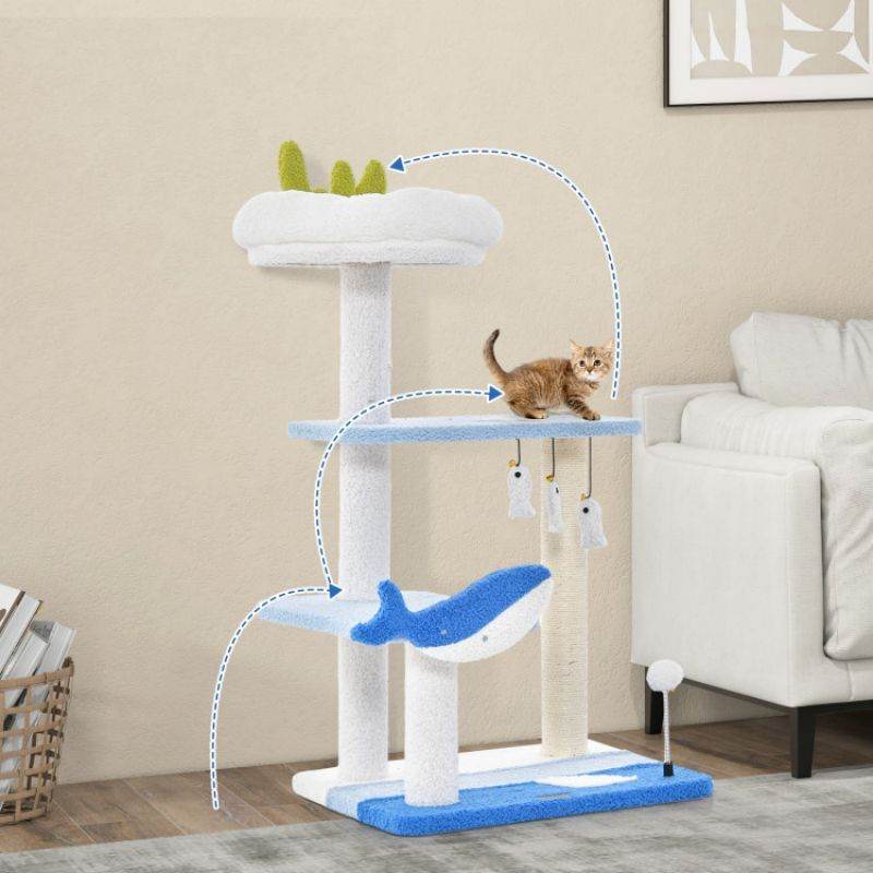 Purrfect Pet Kingdom cat tower with scratching posts features multiple levels and playful blue whale design