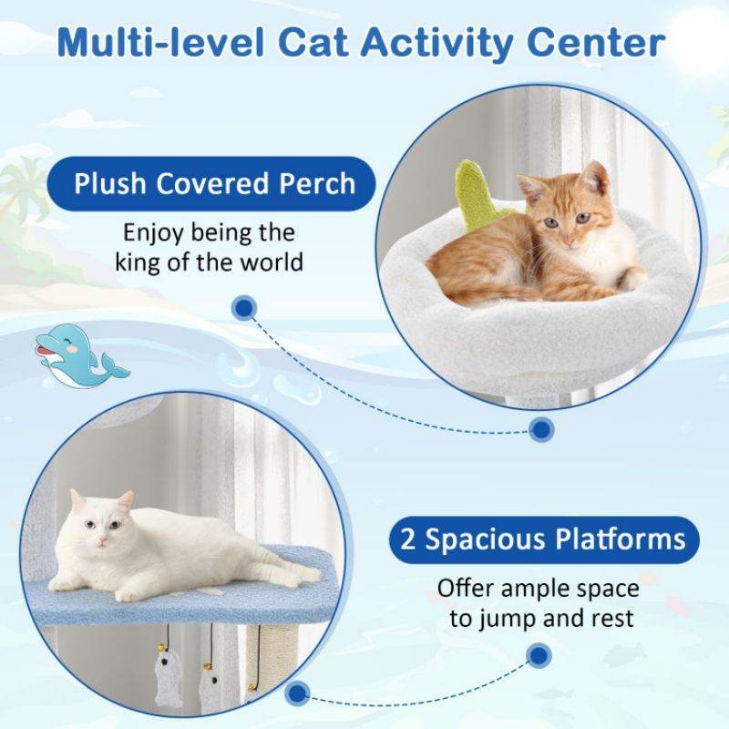 Multi-level cat tower with scratching posts featuring plush covered perch and two spacious platforms