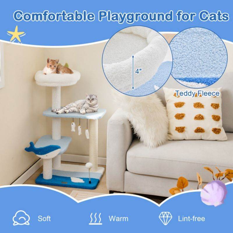 Purrfect Pet Kingdom cat tower with scratching posts in blue and white with soft teddy fleece material