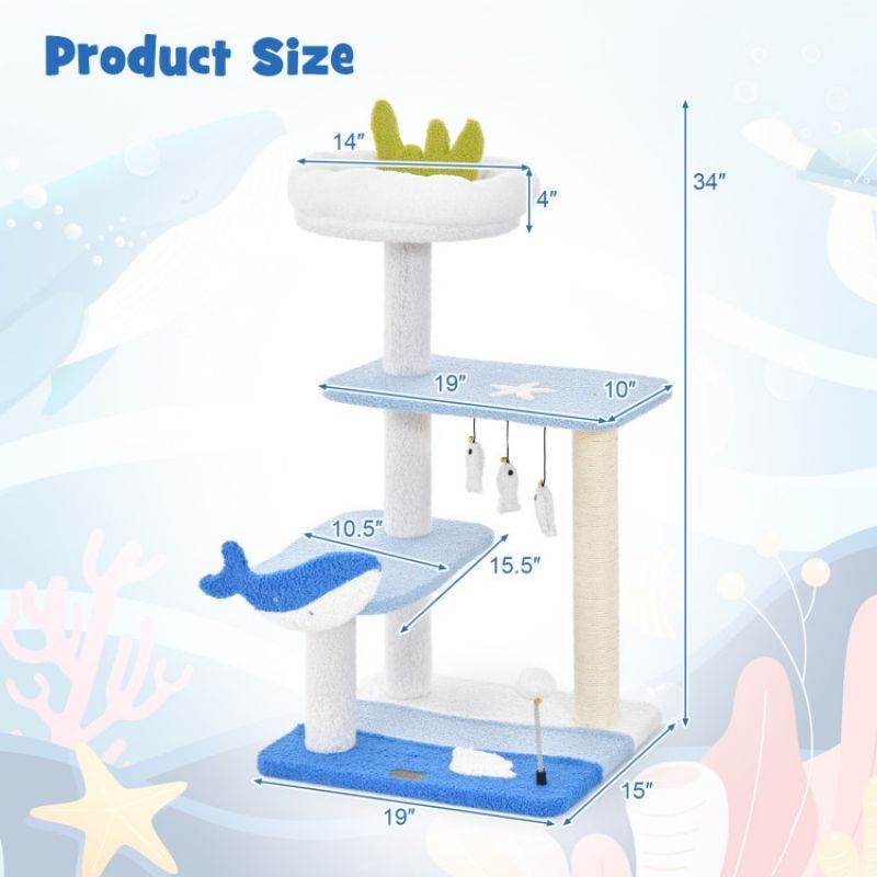 Purrfect Pet Kingdom cat tower with scratching posts in blue and white with multiple platforms and hanging toys